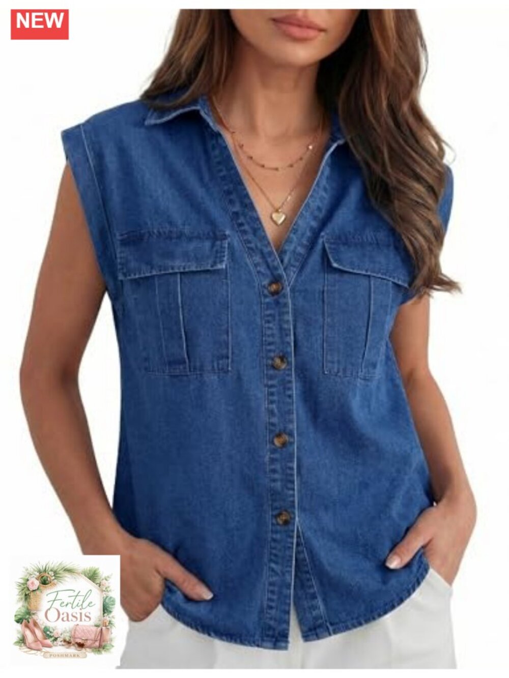 Sleeveless Denim Top Women V-Neck Button Down Shirt Summer Casual